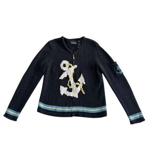 Crazy Horse Heavy Sweater Blue Knit Nautical Anchor Full Zip Coastal retro SizeM